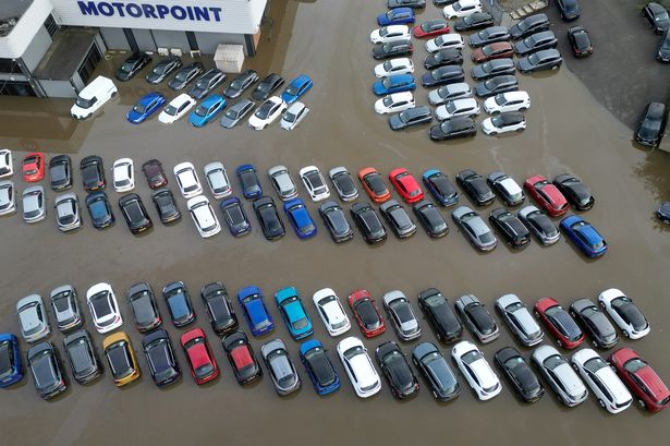 The Derby Motorpoint car dealership was flooded during Storm Babet